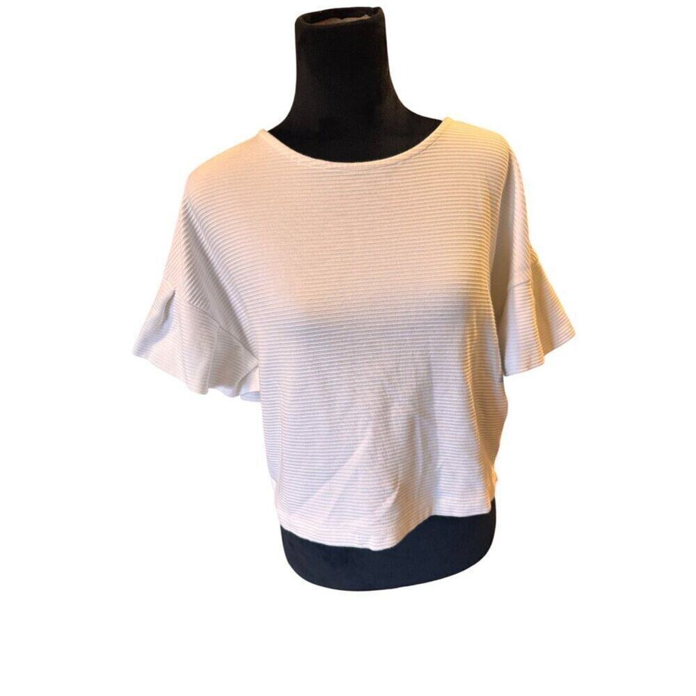 California Cotton Womens White Ribbed Ruffle Sleeve Top Size L
